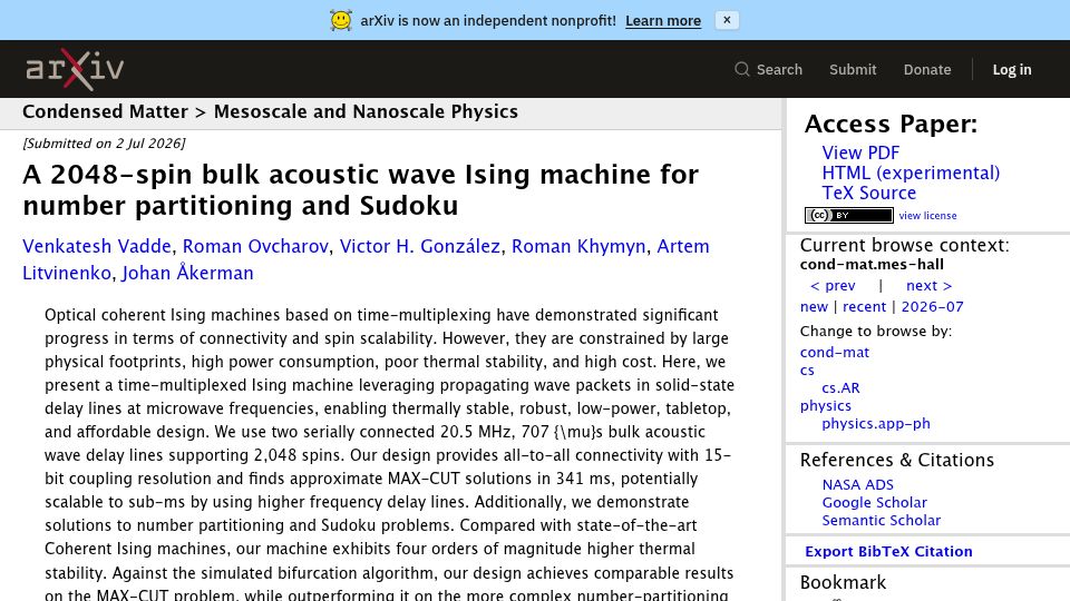 Screenshot of arxiv.org: A 2048-spin bulk acoustic wave Ising machine for number partitioning and Sudoku