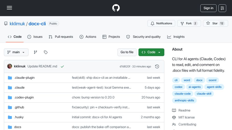 Screenshot of github.com: Show HN: Docx-CLI: agents read/edit Word docs using 1/2 the time and tokens
