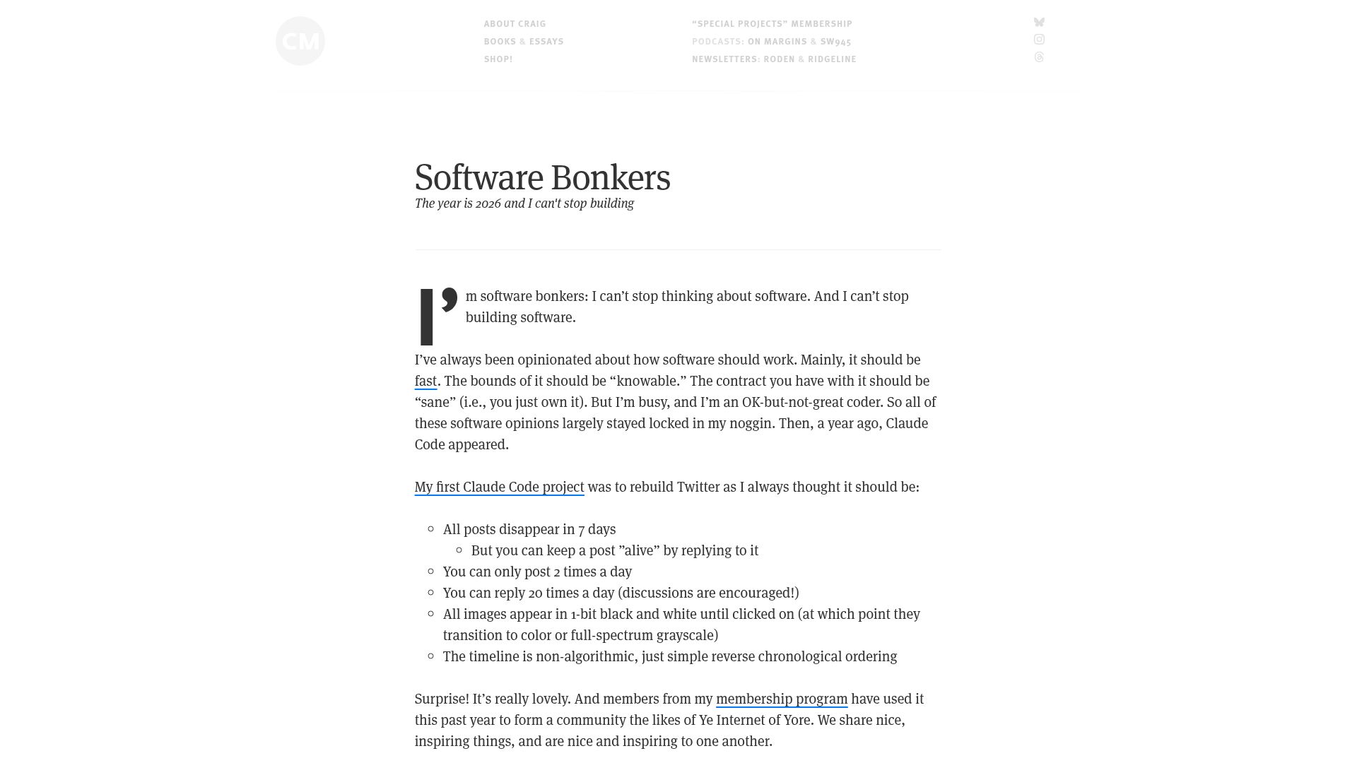Screenshot of craigmod.com: Software Bonkers