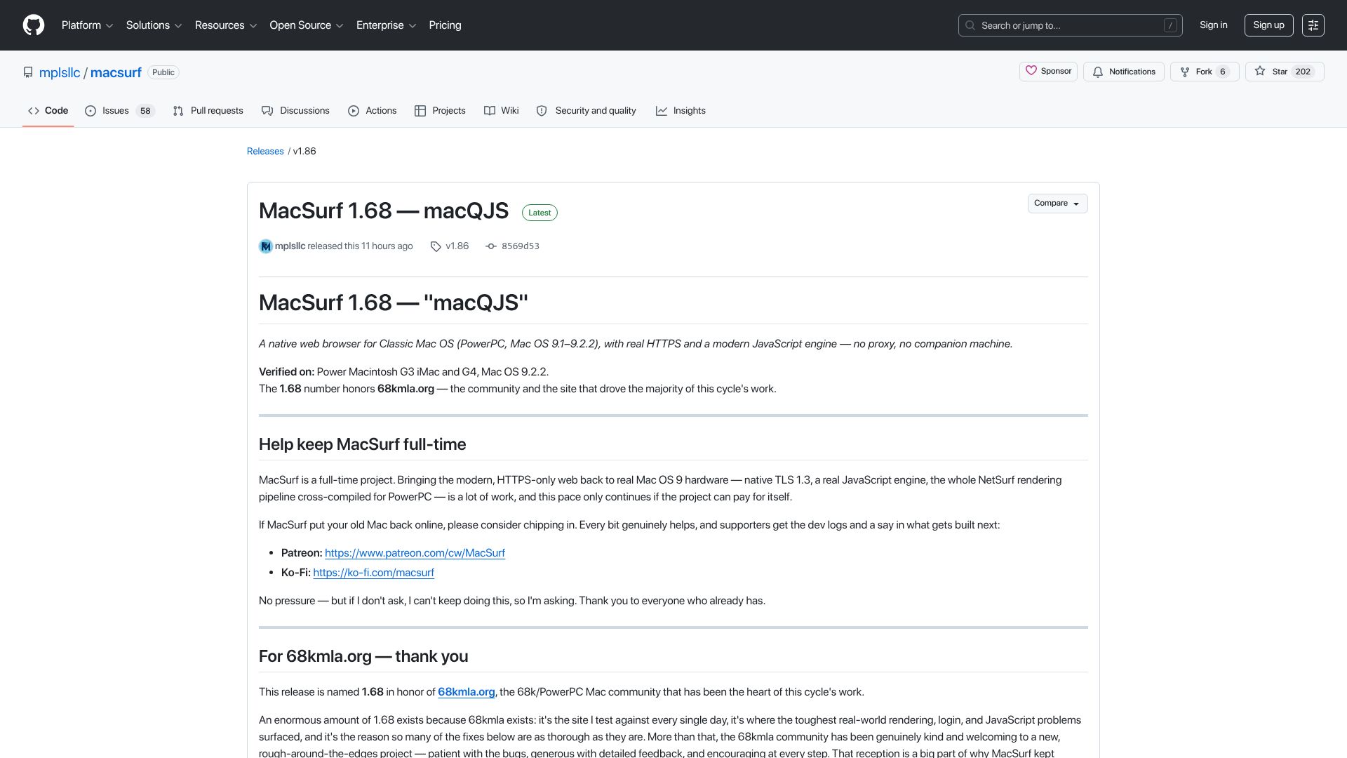 Screenshot of github.com: MacSurf 1.68 – NetSurf on OS 9 Released