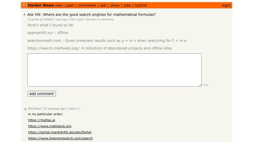 Screenshot of Hacker News post: Ask HN: Where are the good search engines for mathematical formulas?