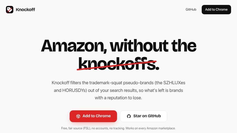 Screenshot of knockoff.shopping: Amazon without the knockoffs