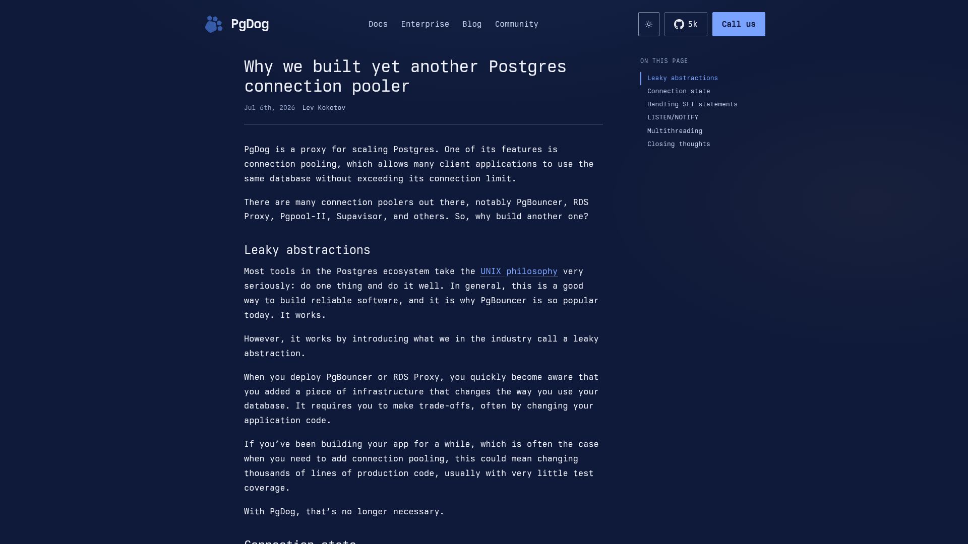 Screenshot of pgdog.dev: Why we built yet another Postgres connection pooler