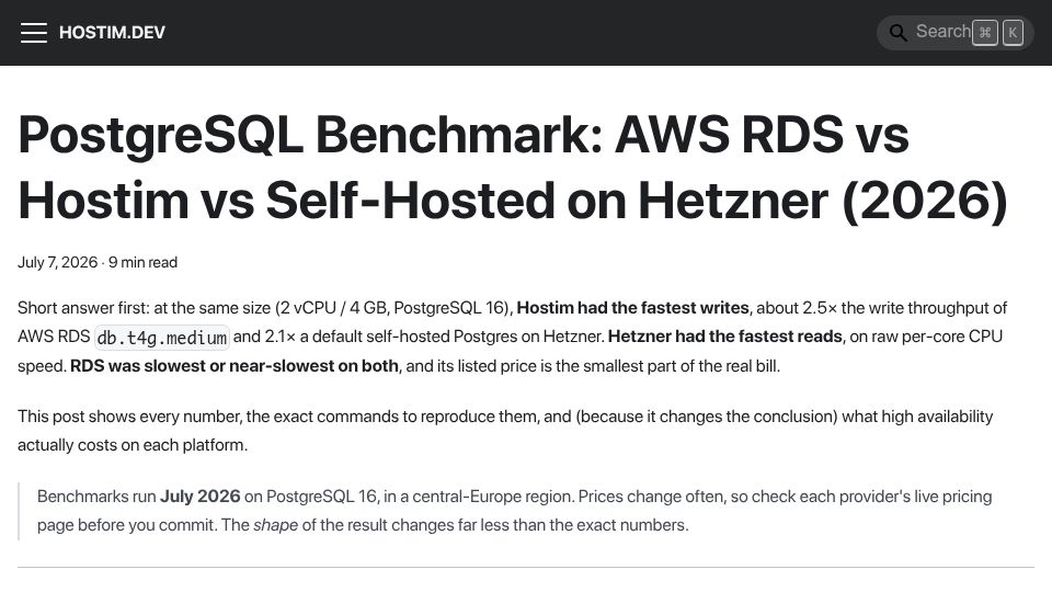 Screenshot of hostim.dev: PostgreSQL Benchmark: AWS RDS vs. Self-Hosted on Hetzner (2026)