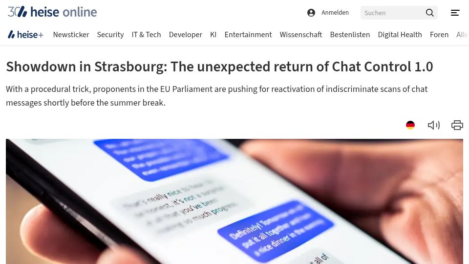 Screenshot of heise.de: Chat Control passed first round in EU Parliament