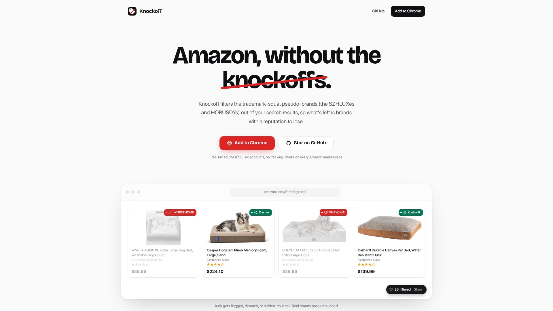 Screenshot of knockoff.shopping: Amazon without the knockoffs