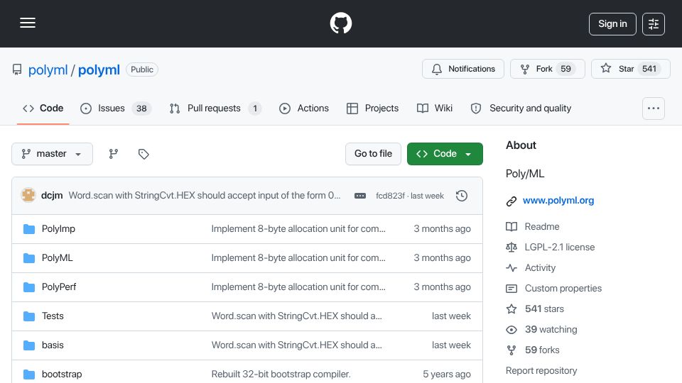 Screenshot of github.com: Poly/ML – A Standard ML Implementation