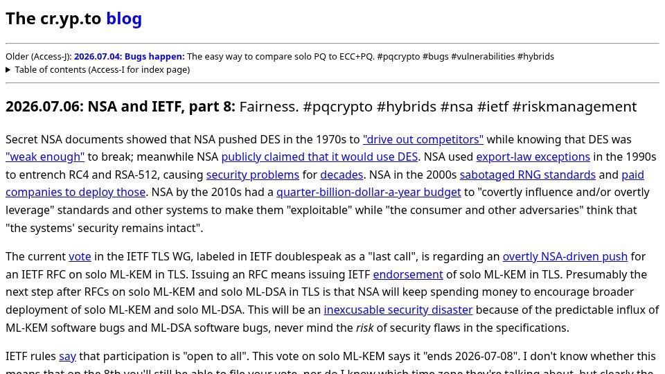 Screenshot of blog.cr.yp.to: NSA and IETF: Fairness