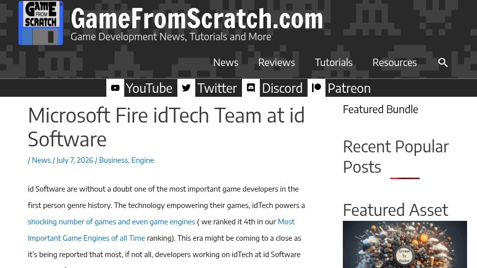 Screenshot of gamefromscratch.com: Microsoft fire idTech team at Id software