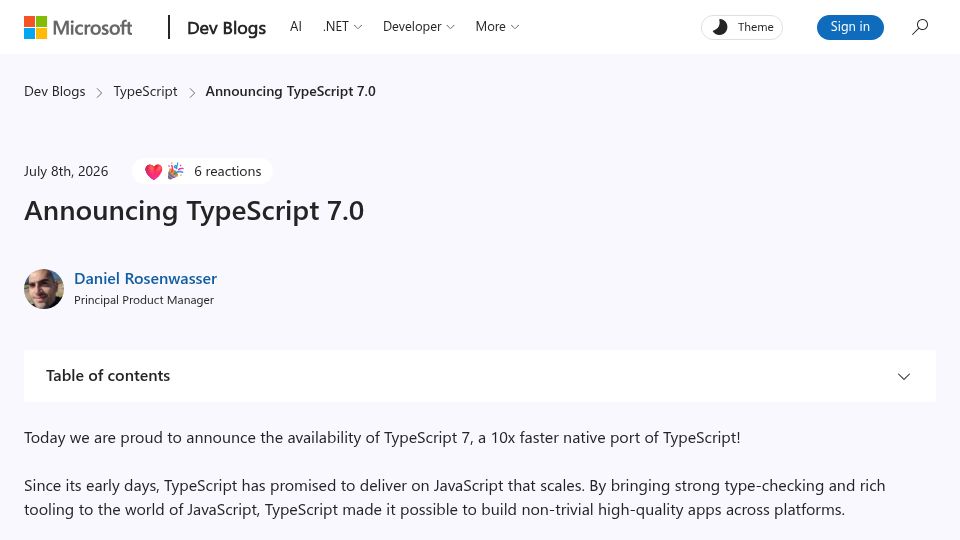 Screenshot of devblogs.microsoft.com: TypeScript 7