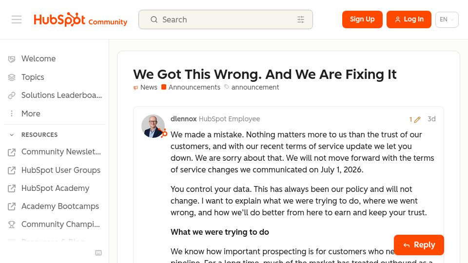 Screenshot of community.hubspot.com: We Got This Wrong. and We Are Fixing It