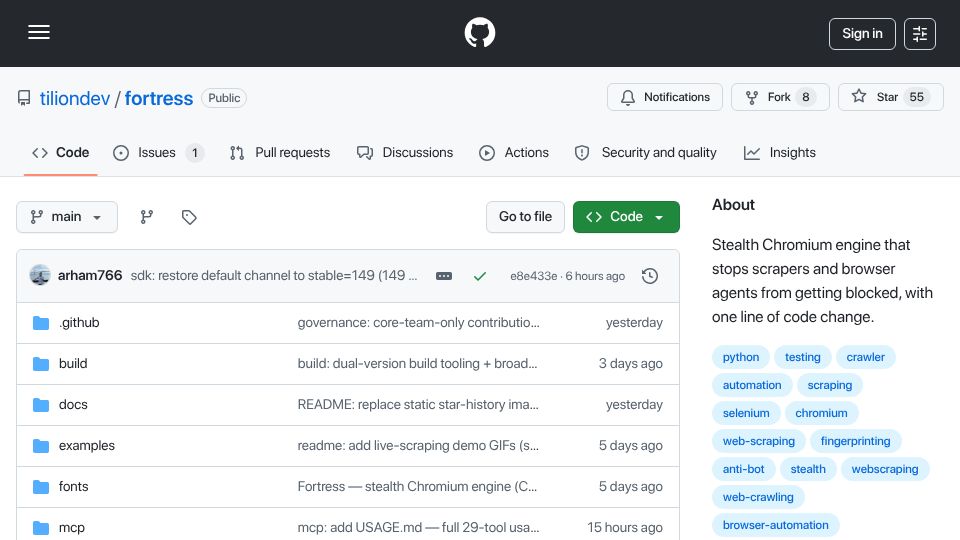 Screenshot of github.com: Show HN: Fortress – a stealth Chromium so your agents stop getting blocked