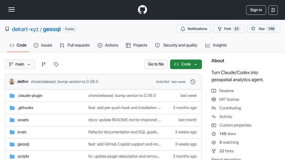Screenshot of github.com: Geosql: A Claude/Codex skill for geospatial data