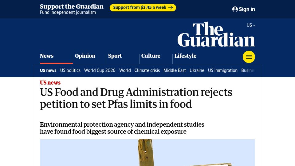 Screenshot of theguardian.com: US Food and Drug Administration rejects petition to set PFAS limits in food