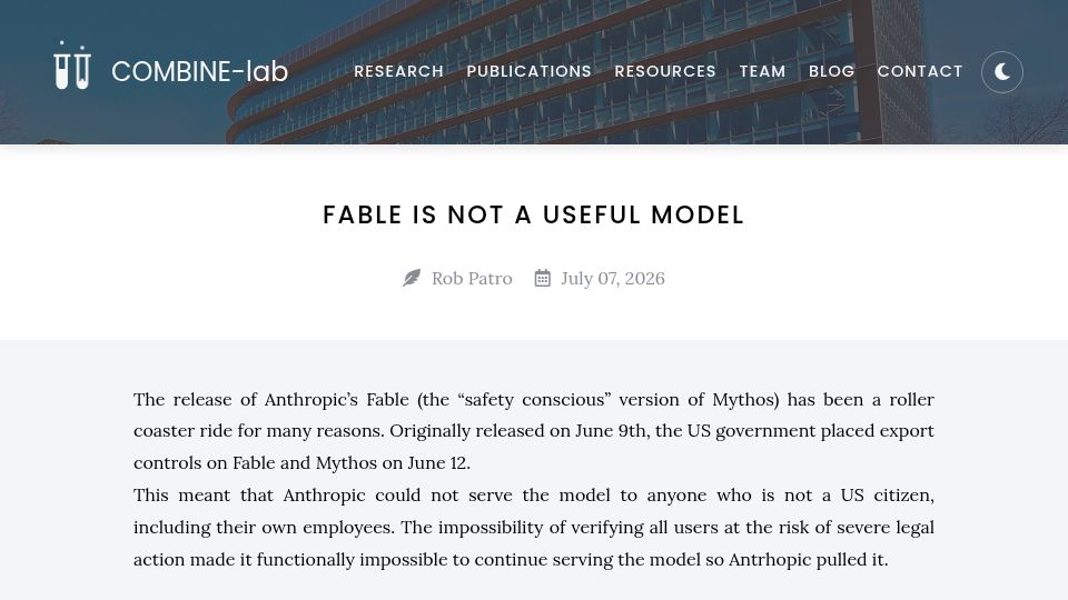 Screenshot of combine-lab.github.io: The classifiers Anthropic puts in front of Fable are too zealous