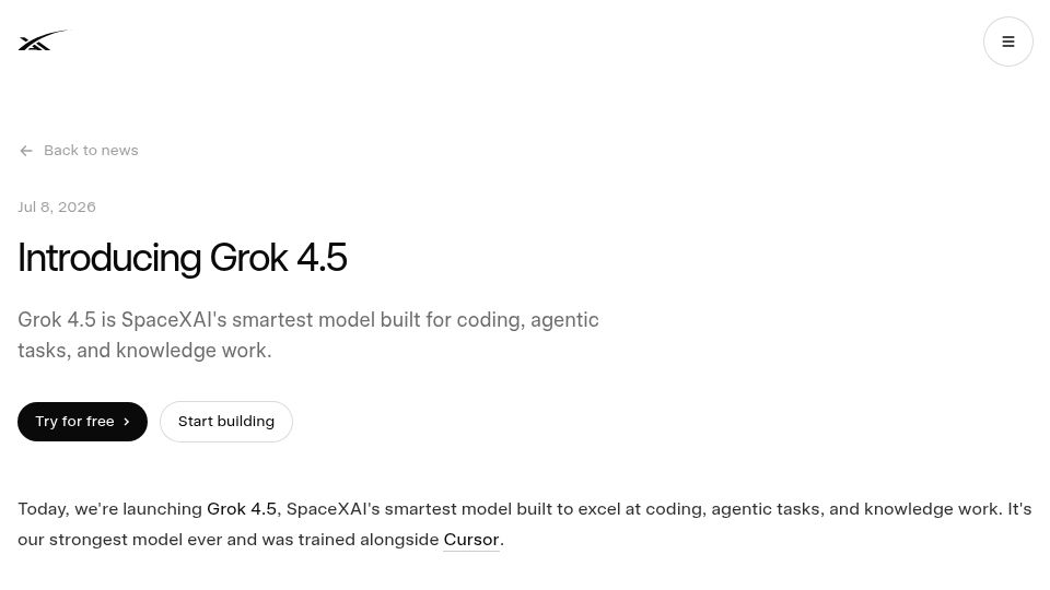 Screenshot of x.ai: Grok 4.5
