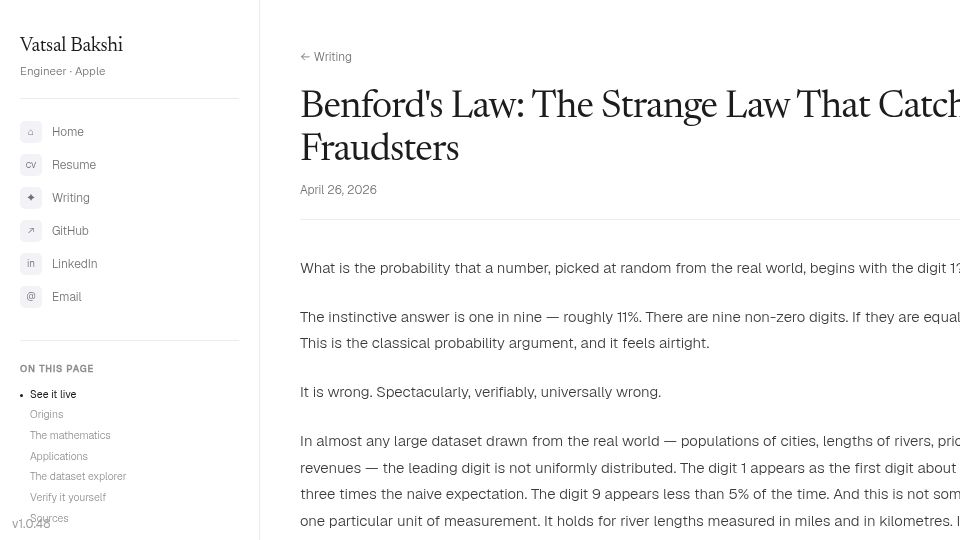 Screenshot of vatsalbakshi.com: An interactive explorer for Benford's Law across real datasets