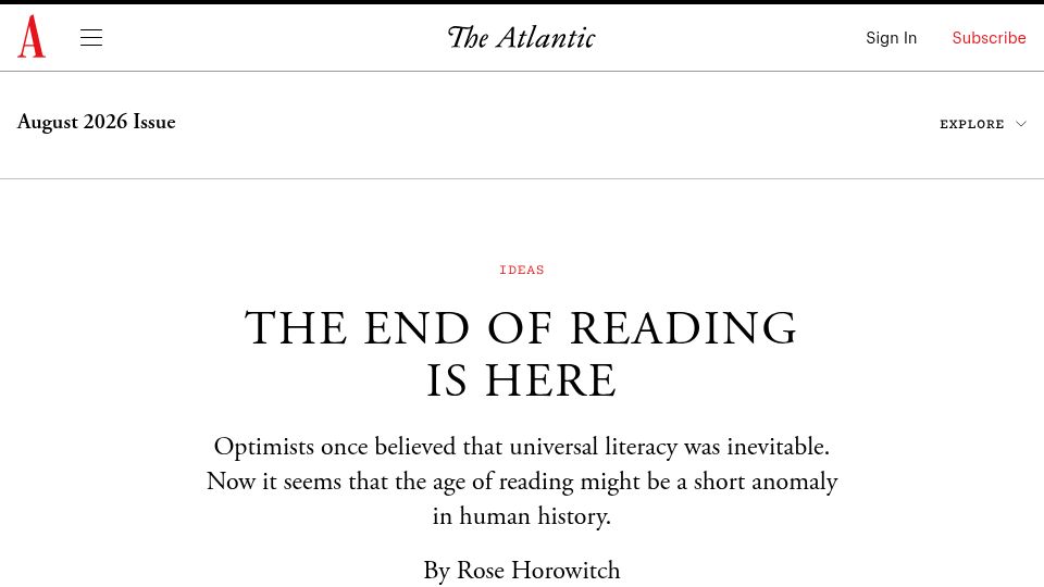 Screenshot of theatlantic.com: It seems that the age of reading might be a short anomaly in human history