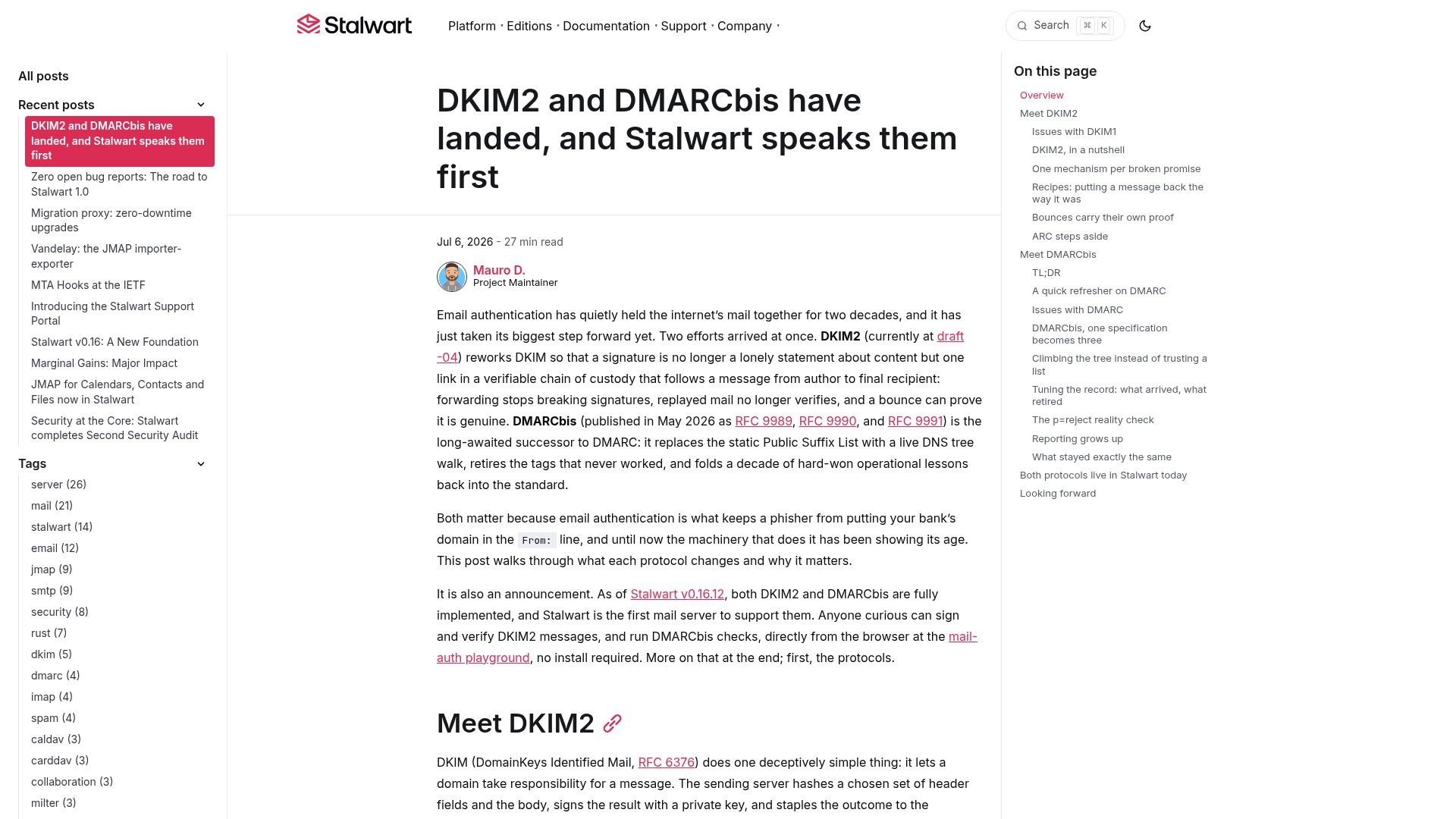 Screenshot of stalw.art: DKIM2 and DMARCbis Have Landed