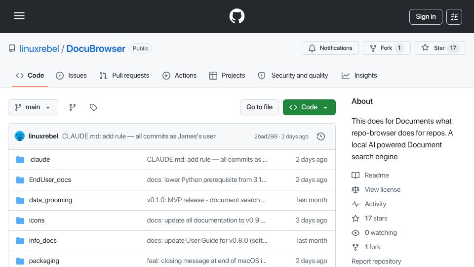 Screenshot of github.com: Turning a pile of documents into a searchable useable knowledge base