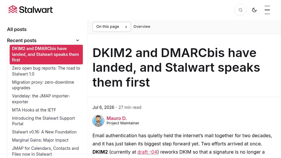 Screenshot of stalw.art: DKIM2 and DMARCbis Have Landed