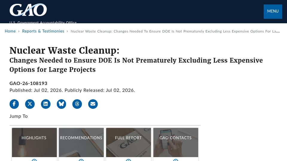 Screenshot of gao.gov: GAO: DOE Is Prematurely Excluding Less Expensive Options for Nuclear Cleanup