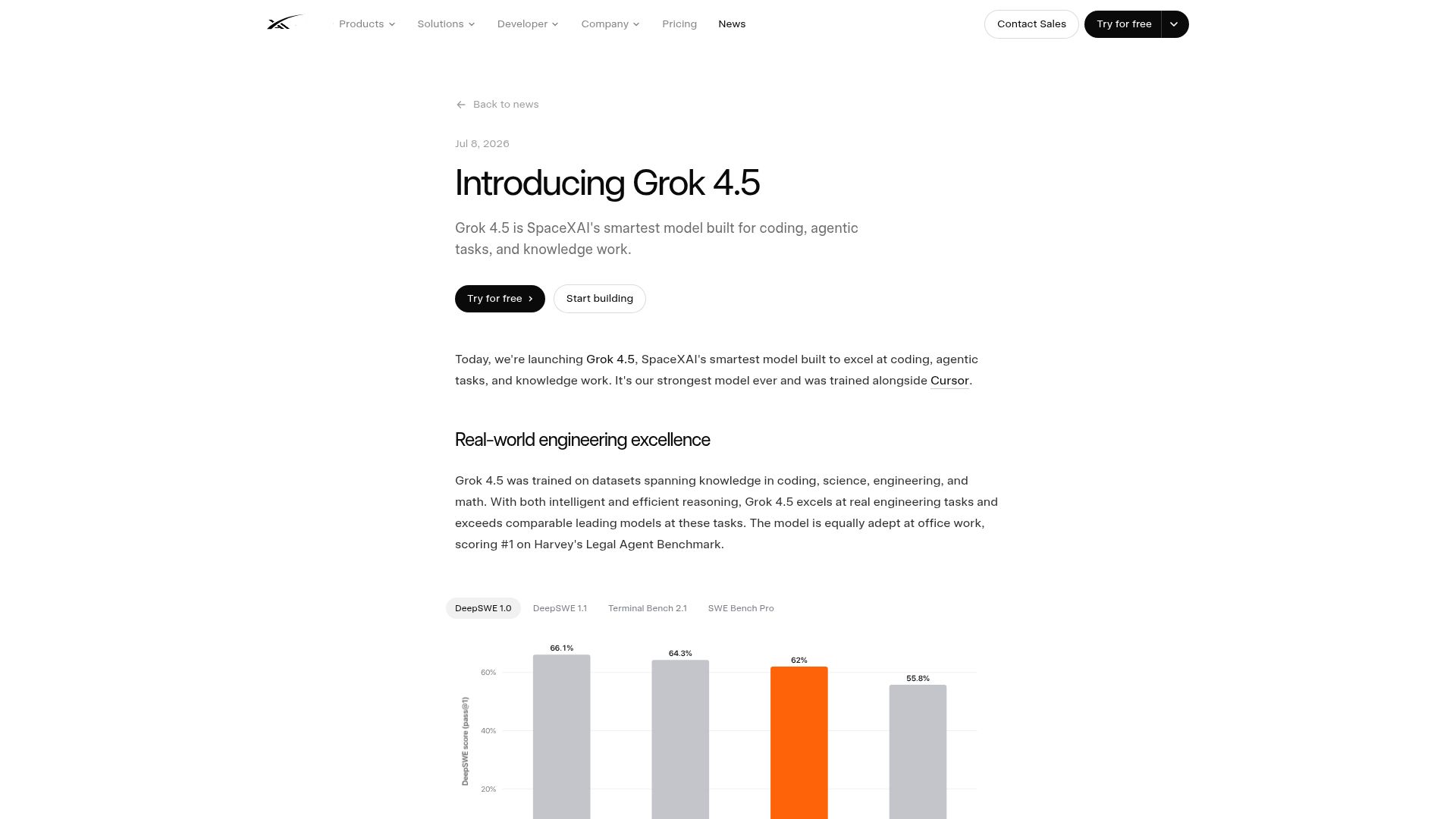 Screenshot of x.ai: Grok 4.5