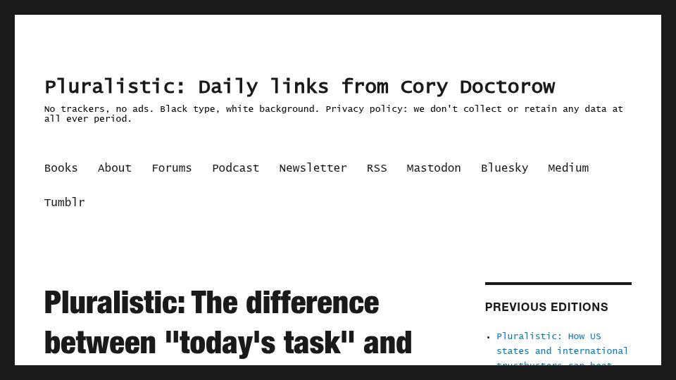 Screenshot of pluralistic.net: The difference between "today's task" and "accretive work"