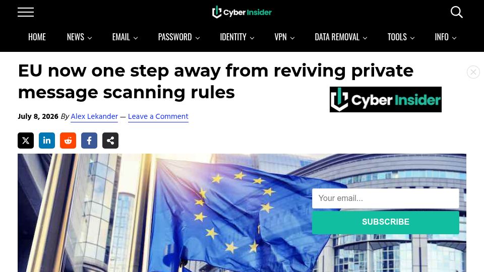 Screenshot of cyberinsider.com: EU now one step away from reviving private message scanning rules