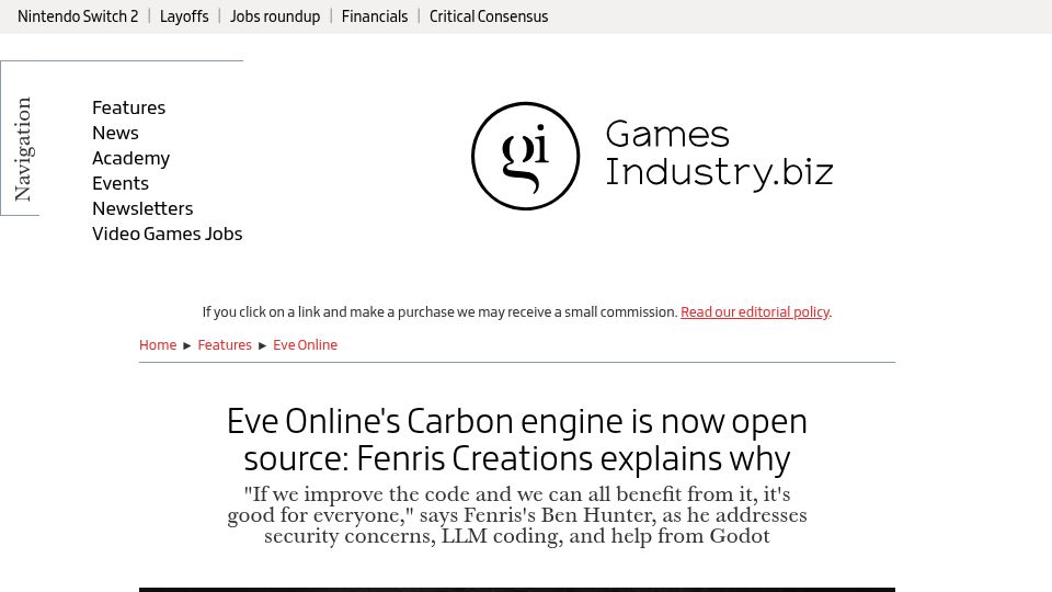 Screenshot of gamesindustry.biz: EVE Online's Carbon engine is now open source: Fenris Creations explains why