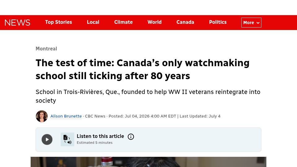 Screenshot of cbc.ca: Canada's only watchmaking school still ticking after 80 years