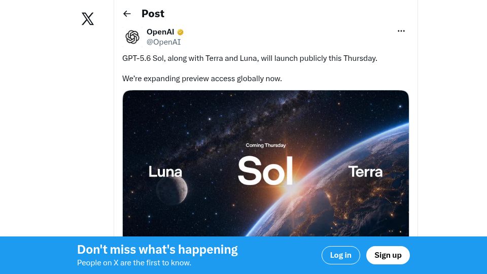 Screenshot of twitter.com: GPT-5.6 Sol, along with Terra and Luna, will launch publicly this Thursday