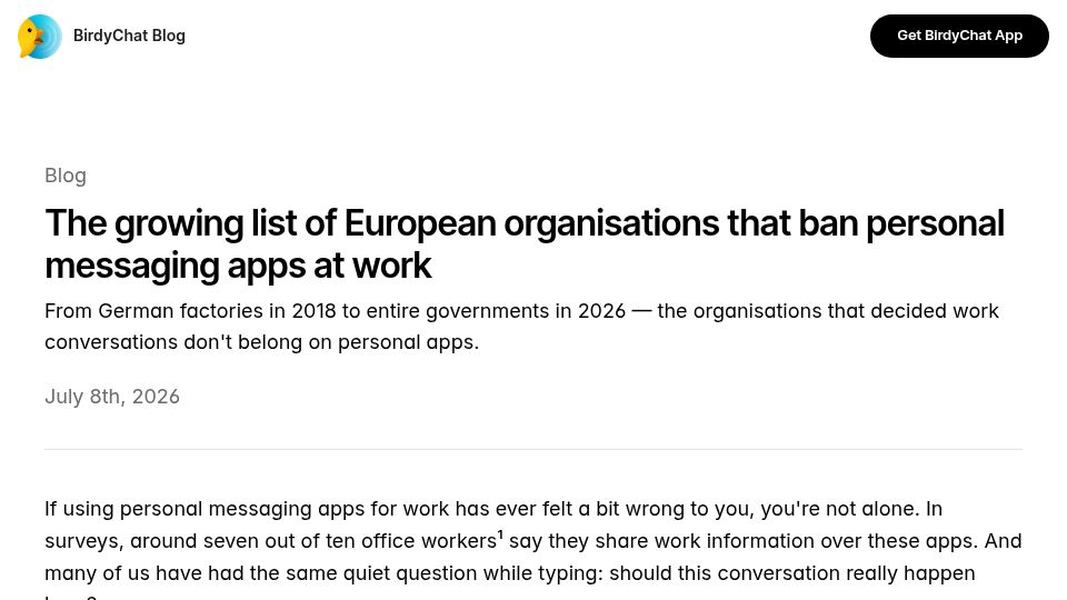 Screenshot of birdy.chat: List of European organizations that have banned personal messaging apps at work