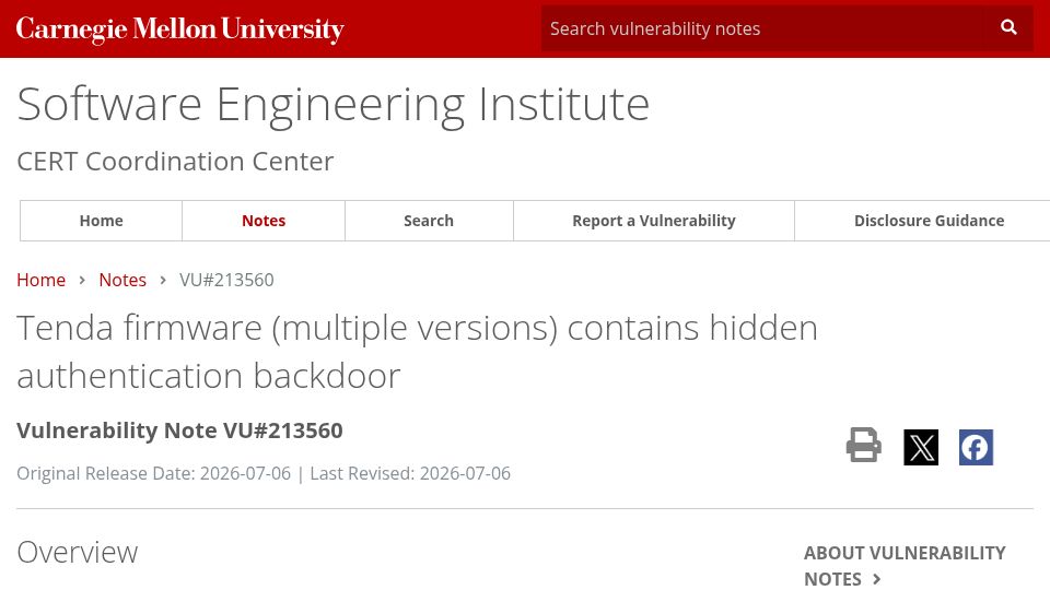 Screenshot of kb.cert.org: Tenda firmware (multiple versions) contains hidden authentication backdoor