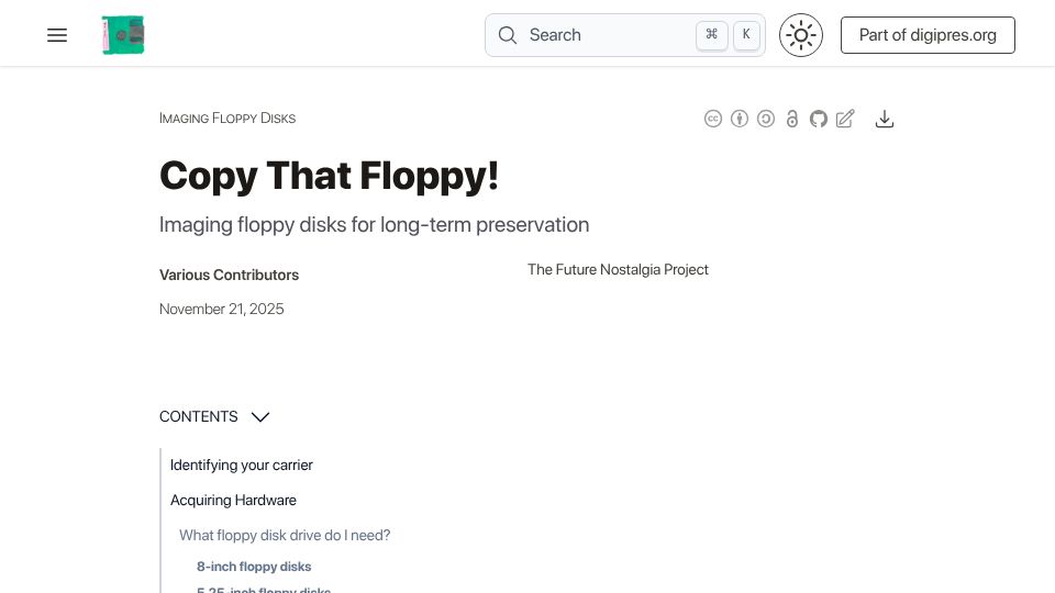 Screenshot of digipres.org: Copy That Floppy – Cambridge guide for preserving data from fragile floppy disks