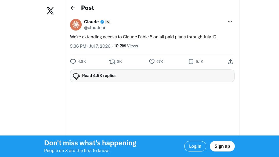Screenshot of twitter.com: We're extending access to Fable 5 on all paid plans through July 12