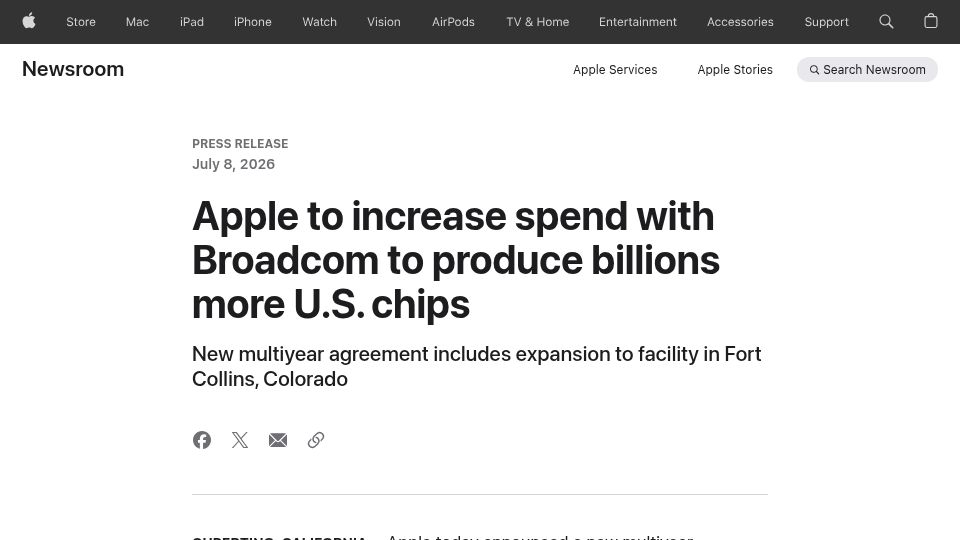 Screenshot of apple.com: Apple to increase spend with Broadcom to produce billions more U.S. chips