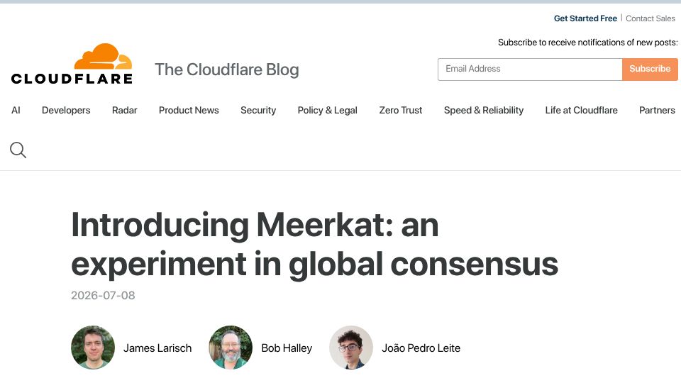 Screenshot of blog.cloudflare.com: Cloudflare Meerkat - Globally distributed consensus