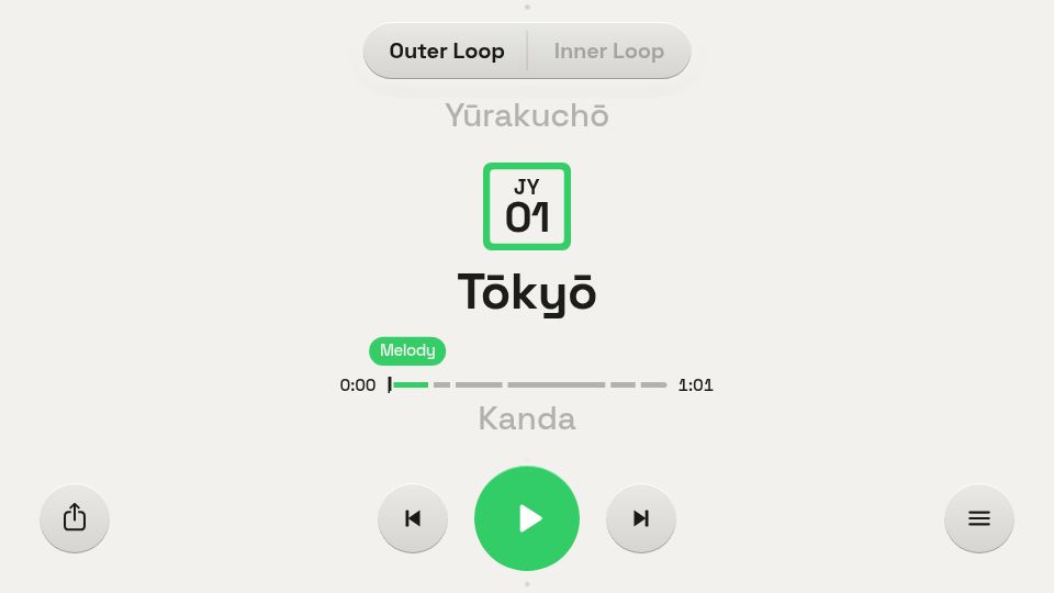 Screenshot of yamanote.fun: Show HN: Yamanote.fun – A complete soundscape for Tokyo's Yamanote line