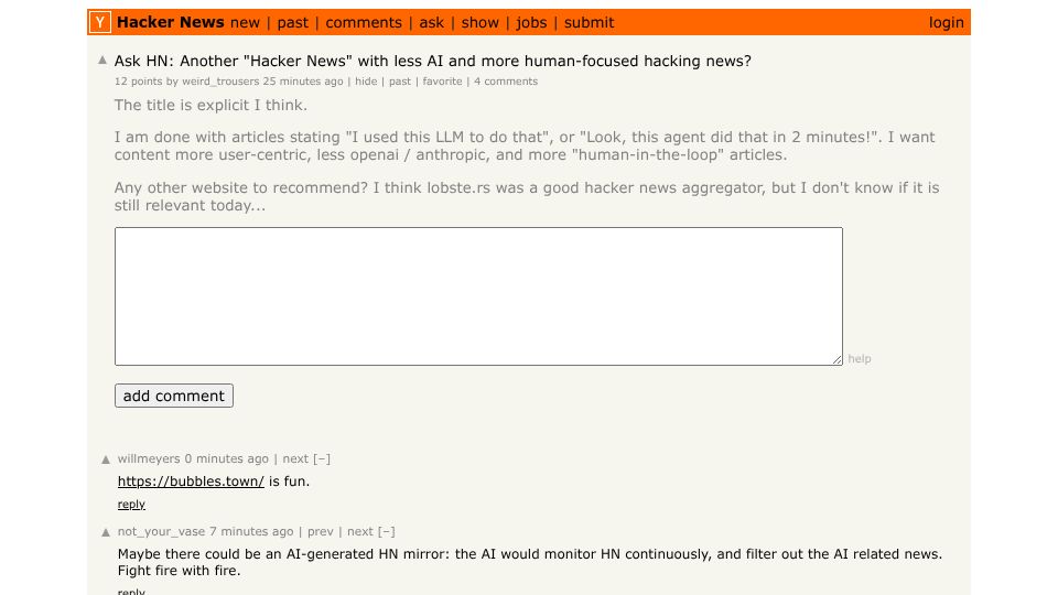 Screenshot of Hacker News post: Ask HN: Another "Hacker News" with less AI and more human-focused hacking news?