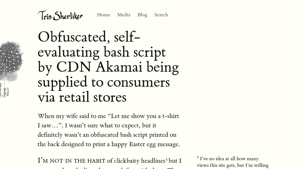 Screenshot of tris.sherliker.net: Decoding the obfuscated bash script on a Uniqlo t-shirt