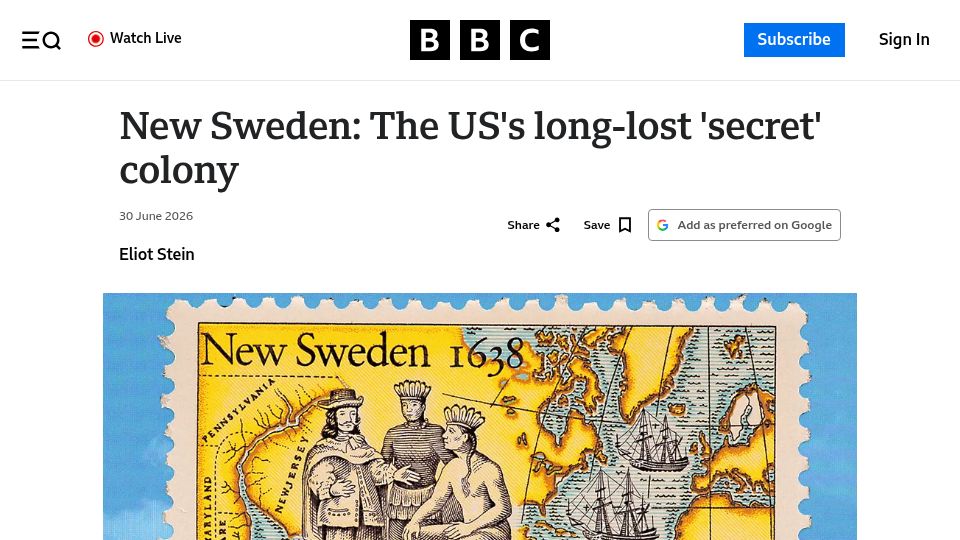 Screenshot of bbc.com: New Sweden: the US's long-lost 'secret' colony