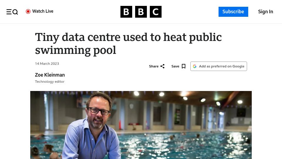 Screenshot of bbc.com: Tiny data centre used to heat public swimming pool