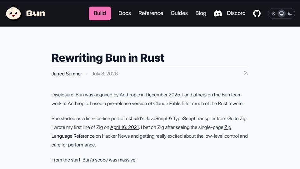 Screenshot of bun.com: Rewriting Bun in Rust