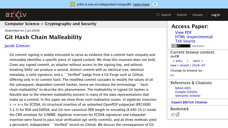 Screenshot of arxiv.org: Git Hash Chain Malleability