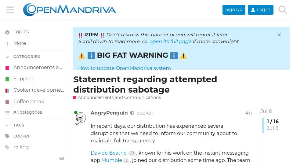 Screenshot of forum.openmandriva.org: OpenMandriva: Statement regarding attempted distribution sabotage