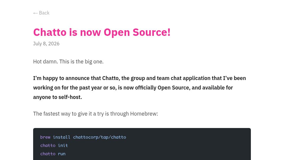 Screenshot of hmans.dev: Chatto is now open source