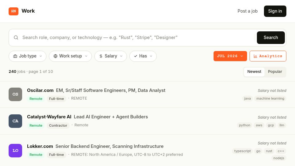 Screenshot of hnwork.app: Show HN: Hnwork.app – UI for Who is hiring posts