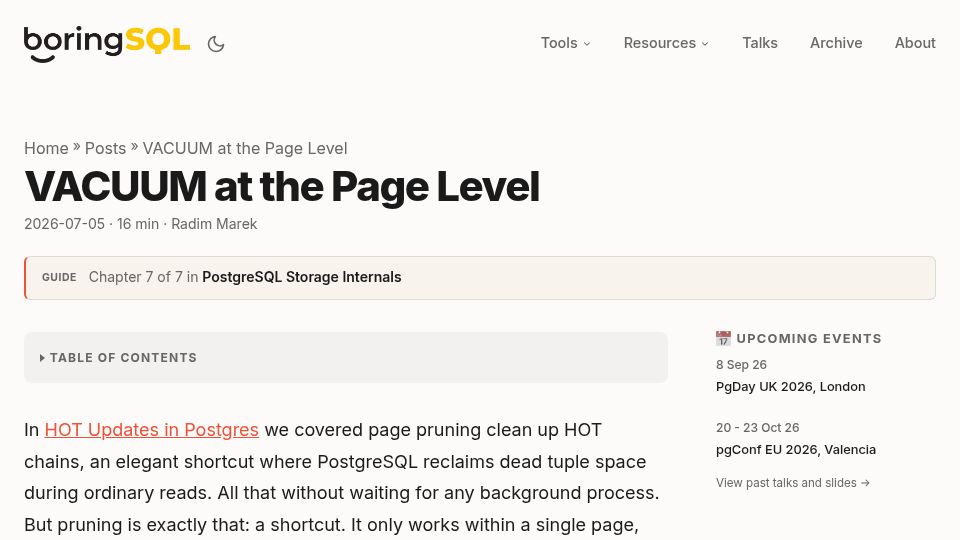 Screenshot of boringsql.com: Vacuum at the Page Level