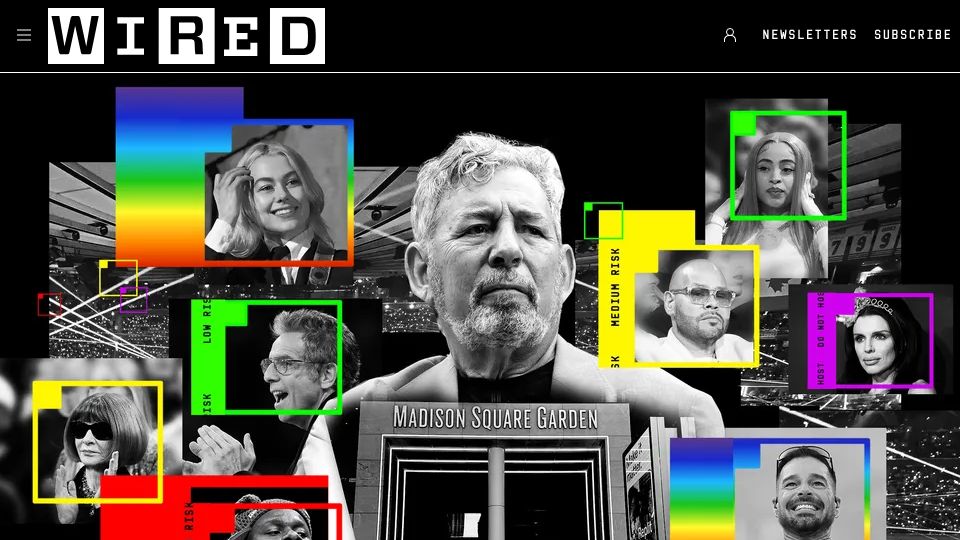 Screenshot of wired.com: Madison Sq Garden database tracks hundreds. Labels "LGBTQIA," & low/high "risk."